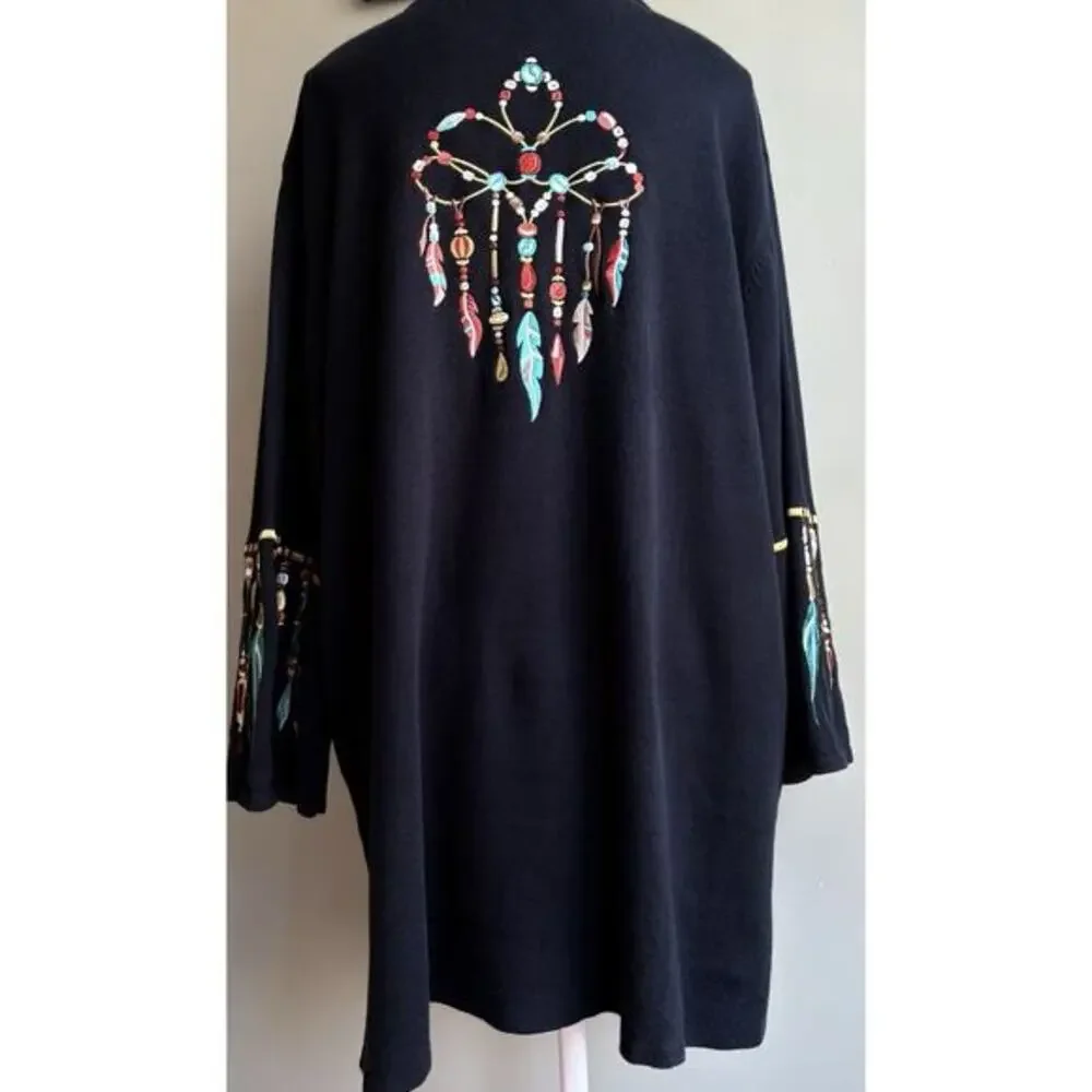 Bob Mackie Wearable Art Feather Embroidery Cardigan Sweater V-neck Black Plus 2X